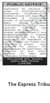 Newspaper clipping: Public Notice from SPU NADRA, DSFU Abbot Road Lahore, The Express Tribune, 23 Jul 2026