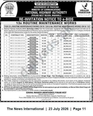 Newspaper clipping: NHA Re-Invitation to e-Bids — 13 Routine Maintenance Packages on N-130 & N-135 (Punjab West, Mianwali), The News International, 23 Jul 2026