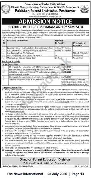 Newspaper clipping: Admissions Open: BS Forestry (2026–2030) & 5th Semester — Pakistan Forest Institute, Peshawar, The News International, 23 Jul 2026