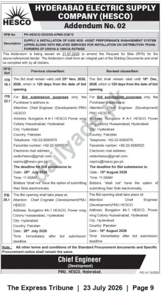 Newspaper clipping: HESCO Addendum No.02 – Extension of Bid Deadline for APMS Supply & Installation (RFB PK-HESCO-GOODS-APMS-ICB/10), The Express Tribune, 23 Jul 2026