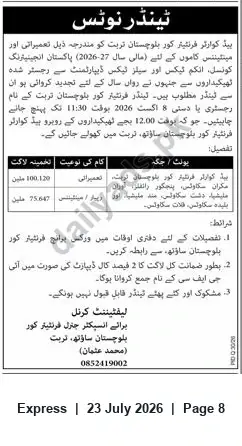 Newspaper clipping: Tender: Repair & Maintenance Works and Furniture — Frontier Corps Balochistan (South), Turbat, Express, 23 Jul 2026