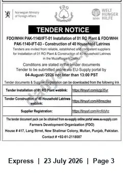 Newspaper clipping: Tender: Installation of 1 RO Plant & Construction of 40 Household Latrines (FDO/WHH PAK-1140), Express, 23 Jul 2026