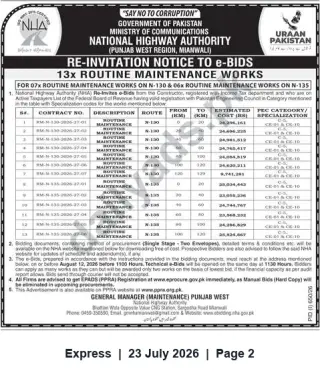 Newspaper clipping: NHA Re-invitation to e-Bids: 13 Routine Maintenance Works on N-130 & N-135 (Punjab West, Mianwali), Express, 23 Jul 2026