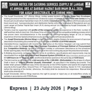 Newspaper clipping: Tender for Catering Services (Langar) at Annual Urs, Darbar Hazrat Bari Imam — Auqaf Directorate ICT (2026), Express, 23 Jul 2026
