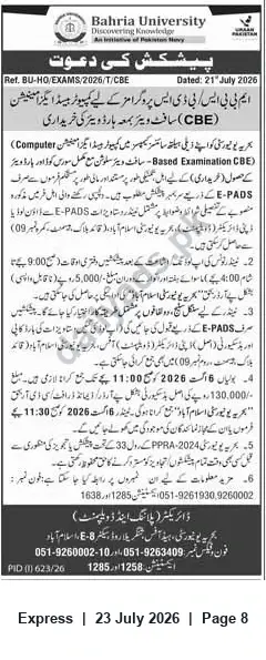 Newspaper clipping: Bahria University Computer-Based Examination (CBE) Notice — Ref BU-HO/EXAMS/2026/T/CBE, Express, 23 Jul 2026