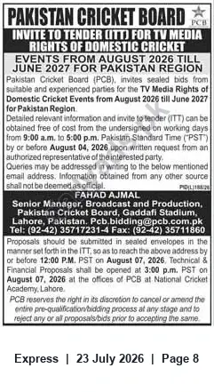 Newspaper clipping: PCB Invite to Tender for TV Media Rights — Domestic Cricket (Aug 2026–Jun 2027), Express, 23 Jul 2026