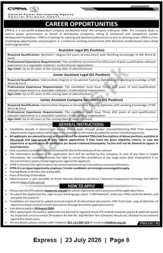 Newspaper clipping: CPPA-G Careers — Assistant Legal and Junior Assistant Positions in Islamabad, Express, 23 Jul 2026