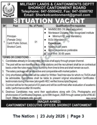 Newspaper clipping: Principal (Female) – Cantt Public School, Shorkot Cantonment (Contract, 01 Post), The Nation, 23 Jul 2026