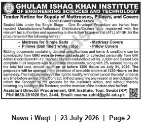 Newspaper clipping: GIKI Tender for Supply of Mattresses, Pillows and Covers — Tender GIKI/PD/HM-1142/26, Nawa-i-Waqt, 23 Jul 2026