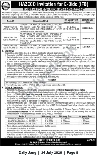 Newspaper clipping: HAZECO E-Bids Invitation for Rehabilitation & Construction Works at 132/66 kV Grid Stations – Abbottabad (NCB-04/05/06/2026-27), Jang, 24 Jul 2026