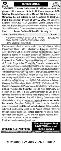 Newspaper clipping: Tender: Widening/Improvement of BT Road from Sheerabad Road to Sheikh Wasil Road — Mastung, Jang, 24 Jul 2026