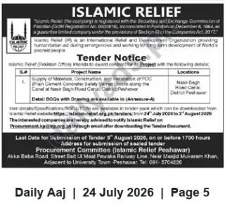 Newspaper clipping: Islamic Relief Peshawar Tender for PCC Safety Barrier Blocks at Nasir Bagh Road Canal, Daily Aaj, 24 Jul 2026