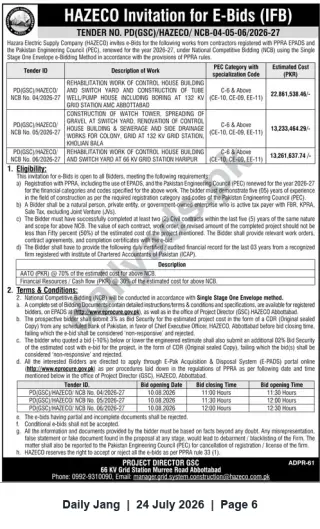 Newspaper clipping: HAZECO Invitation for E-Bids — Rehabilitation & Construction Works (NCB-04/05/06-2026-27), Jang, 24 Jul 2026