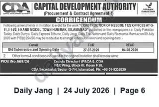Newspaper clipping: CDA Corrigendum: Revised Bid Date for Construction of Rescue 1122 Offices, Islamabad, Jang, 24 Jul 2026