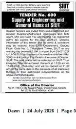 Newspaper clipping: SIUT Tender No. 600: Supply of Engineering and General Items, Dawn, 24 Jul 2026