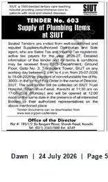 Newspaper clipping: SIUT Tender No. 603 – Supply of Plumbing Items, Dawn, 24 Jul 2026