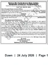 Newspaper clipping: Banking Court at Hyderabad Notice, Dawn, 24 Jul 2026
