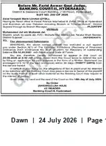 Newspaper clipping: Banking Court Hyderabad Notice Regarding Mr Farid — Award, Dawn, 24 Jul 2026