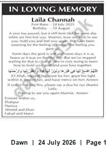 Newspaper clipping: In Loving Memory: Laila Channah — Birthday 10 Aug, Dawn, 24 Jul 2026