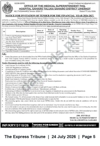 Newspaper clipping: Invitation to Tender — THQ Hospital Samaro Procurements FY 2026-27, The Express Tribune, 24 Jul 2026