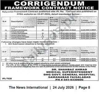 Newspaper clipping: Corrigendum: Tender Closing Dates Extended for Framework Contracts – DHQ Hospital Samanabad, Faisalabad, The News International, 24 Jul 2026