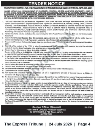 Newspaper clipping: Tender: Framework Contract for Procurement of Miscellaneous Goods (FY 2026-2027) — Food Safety & Consumer Protection Dept., Punjab, The Express Tribune, 24 Jul 2026