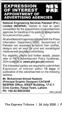 Newspaper clipping: NESPAK Expression of Interest for Appointment of Advertising Agencies (2-year), The Express Tribune, 24 Jul 2026