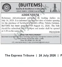 Newspaper clipping: BUITEMS Tender Deadline Extended for OGDCL Office Furniture (Takatu Campus), The Express Tribune, 24 Jul 2026