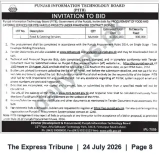 Newspaper clipping: PITB Invitation to Bid – Food & Catering Services (Framework Contract IND-02), The Express Tribune, 24 Jul 2026