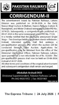 Newspaper clipping: Corrigendum: Pakistan Railways Lahore — Pre-Qualification Date Revised for Open Auction (03 Aug 2026), The Express Tribune, 24 Jul 2026