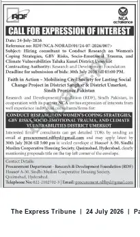 Newspaper clipping: EOI: Research Consultant — Women's Coping Strategies, GBV Risks & Climate Vulnerabilities (Umerkot & Sanghar), The Express Tribune, 24 Jul 2026