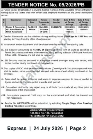 Newspaper clipping: Tender 05/2026/PB — Repair & Renovation of Ladies Hostel, NIAB Faisalabad, Express, 24 Jul 2026