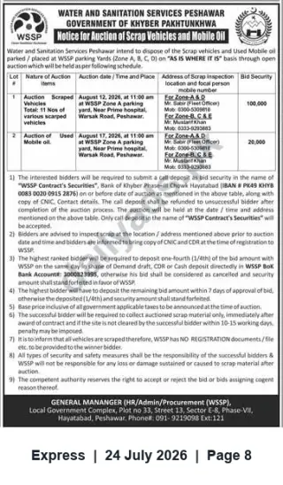 Newspaper clipping: WSSP Auction: Scrap Vehicles (11 items) and Used Mobile Oil – Peshawar (Aug 2026), Express, 24 Jul 2026