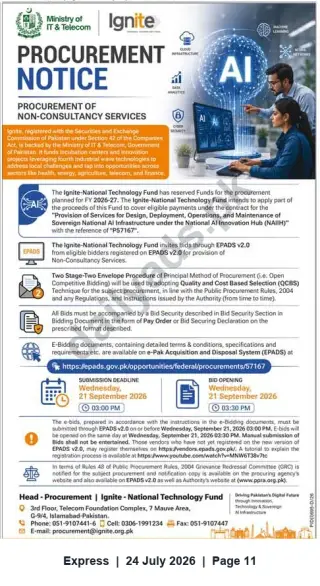 Newspaper clipping: Ignite-National Technology Fund Tender: Procurement of Non-Consultancy AI Infrastructure Services (PS7167), Express, 24 Jul 2026
