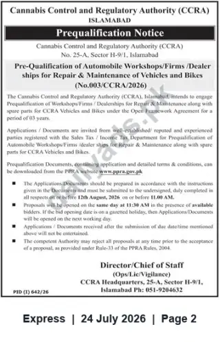 Newspaper clipping: CCRA Prequalification: Automobile Workshops/Dealerships for Repair & Maintenance (No.003/CCRA/2026), Express, 24 Jul 2026