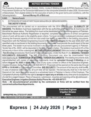 Newspaper clipping: Tender: Extension of Damat Mir Tasak Manjhra (M. Ibrahim Marri) — Irrigation Division Kohlu, Express, 24 Jul 2026