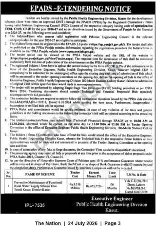 Newspaper clipping: EPADS E-Tender — Preventive Maintenance of Rural Water Supply Scheme Khai, Kasur (Bid due 2026-08-12), The Nation, 24 Jul 2026
