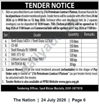 Newspaper clipping: Tender: Local Purchase of Oils, Greases & Lubricants — 216 Petroleum Contract Platoon, Keamari Karachi, The Nation, 24 Jul 2026