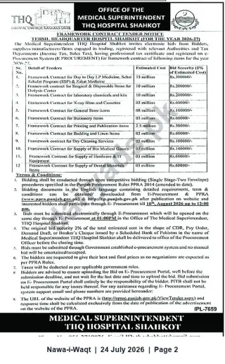 Newspaper clipping: THQ Hospital Shahkot — Framework Contract Tenders 2026-27 for Medical Supplies & Services, Nawa-i-Waqt, 24 Jul 2026