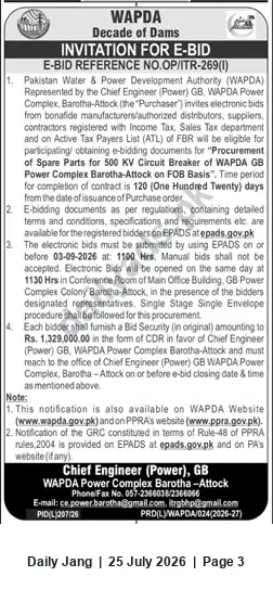 Newspaper clipping: WAPDA E-Bid: Spare Parts for 500 kV Circuit Breaker – Barotha-Attock, Jang, 25 Jul 2026