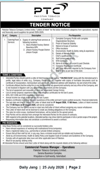 Newspaper clipping: Pakistan Tobacco Company — Request for Letters of Intent for Catering/Food Services (2026–2029), Jang, 25 Jul 2026