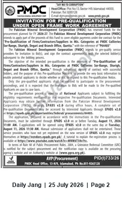 Newspaper clipping: PMDC Pre-Qualification Notice (Ref: P64403) for Suppliers/Contractors, Jang, 25 Jul 2026