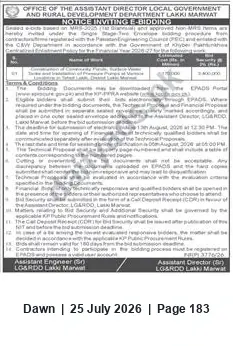 Newspaper clipping: Notice Inviting E-Bidding — Local Government & Rural Development Department, Lakki Marwat, Dawn, 25 Jul 2026