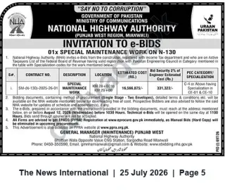 Newspaper clipping: NHA Punjab West Region Invitation to e-Bids — Special Maintenance Work on N-130 (SM-(N)-130-2025-26-01), The News International, 25 Jul 2026
