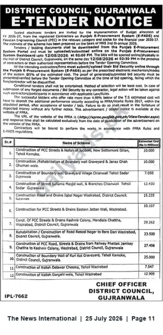 Newspaper clipping: District Council Gujranwala E-Tender Notice (FY 2026-27) — 12 Road, Drain, Nallah & Graveyard Works, The News International, 25 Jul 2026
