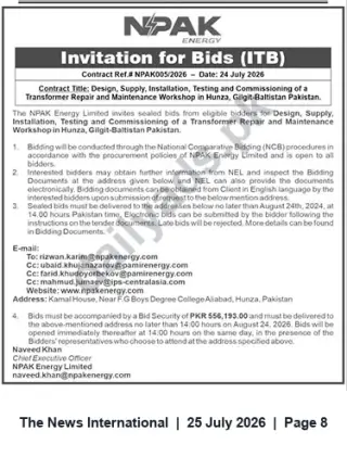 Newspaper clipping: NPAK Energy Tender: Transformer Repair & Maintenance Workshop in Hunza, The News International, 25 Jul 2026