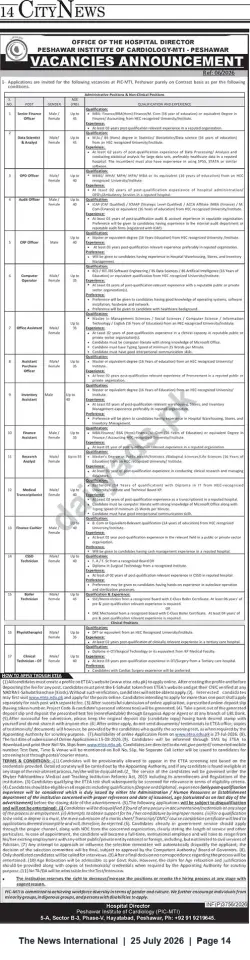 Newspaper clipping: Vacancies Announcement – Peshawar Institute of Cardiology (PIC-MTI), Peshawar – Multiple Contract Positions, The News International, 25 Jul 2026