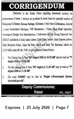 Newspaper clipping: Corrigendum — Framework Contract Tender for Procurement & Rental for Events and Contingencies (Kasur), Express, 25 Jul 2026