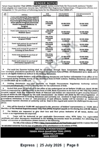 Newspaper clipping: Tender Notice: Framework Contracts for Medical, Surgical & Support Supplies — THQ Thal (MNS) Hospital, Layyah, Express, 25 Jul 2026