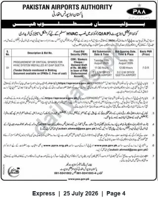 Newspaper clipping: PAA Tender: Procurement of Critical HVAC Spares for Quetta International Airport (Quetta), Express, 25 Jul 2026